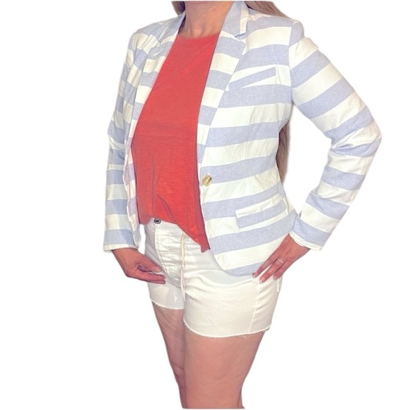 Merona Lined Chambray Blue and White Stripe Cotton Button Blazer Size 10 - Picture 1 of 11
